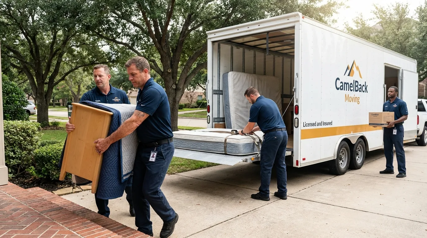 Crew loading residential truck for cross-state move from Henderson, TX