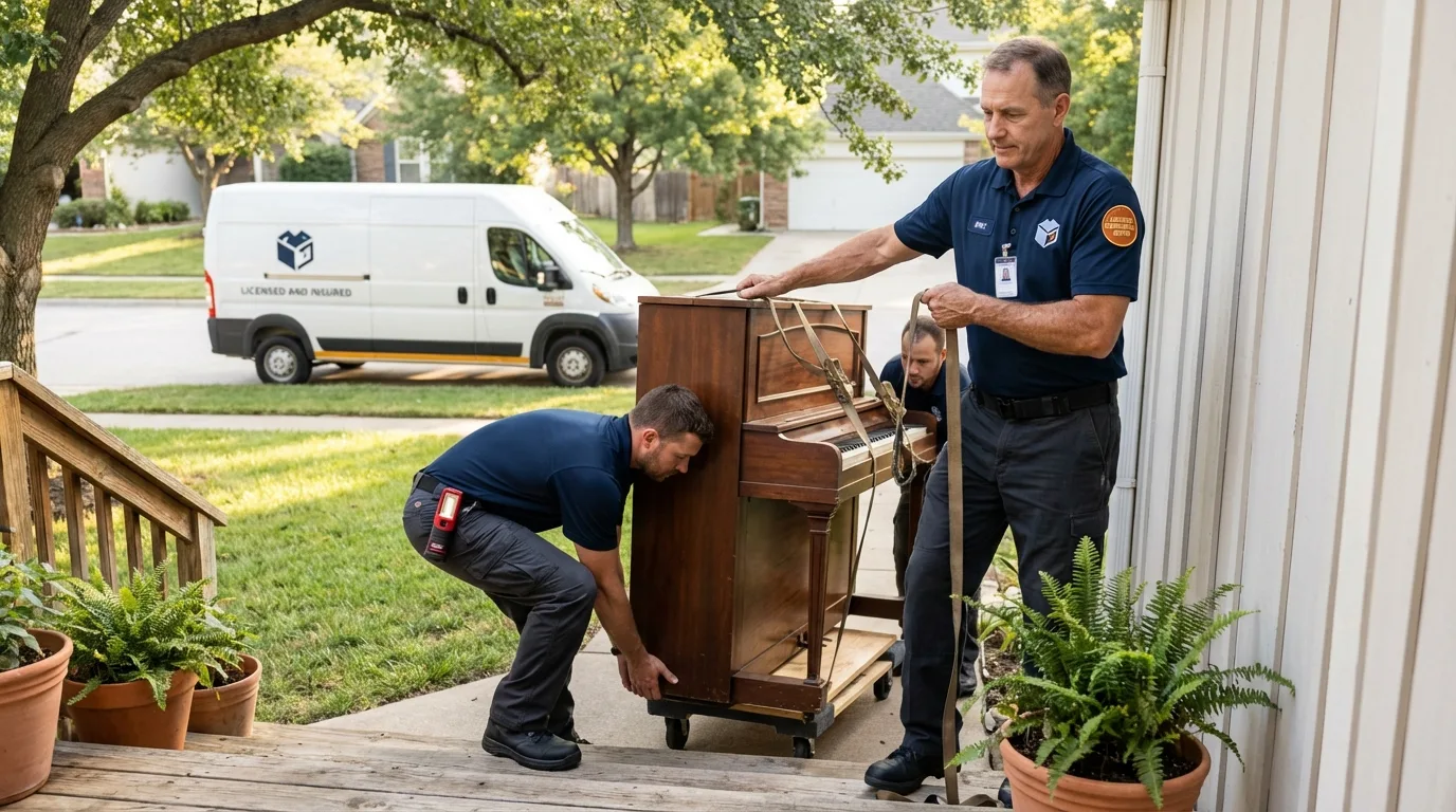 Licensed piano movers securing grand piano in Henderson, TX